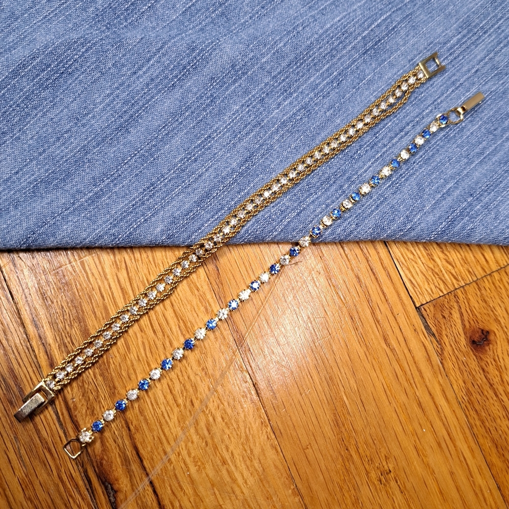 x2 vintage gold tone and rhinestone costume bracelets